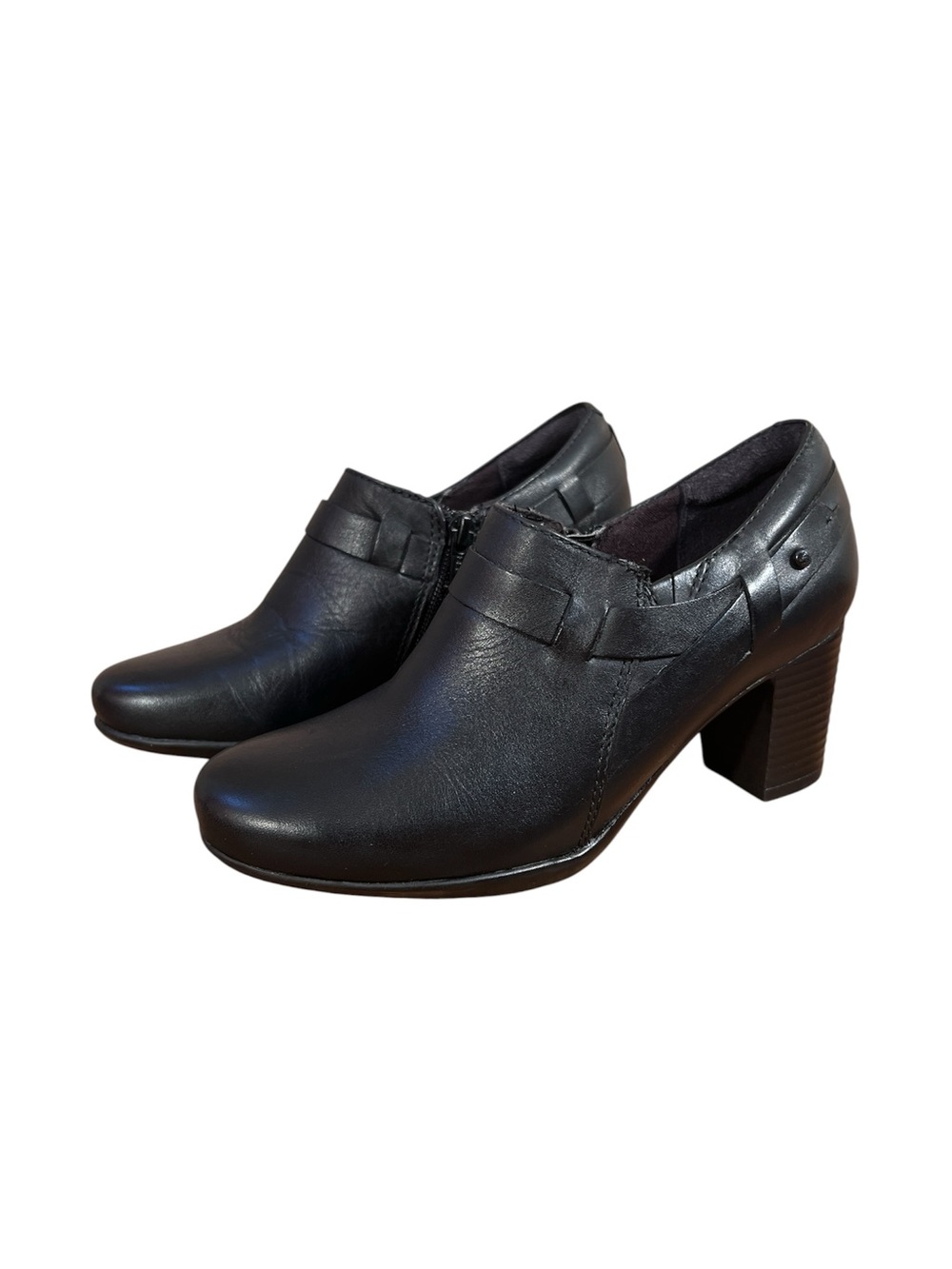 Clarks Bendables Black Leather Heeled Ankle Booties with Side Zip